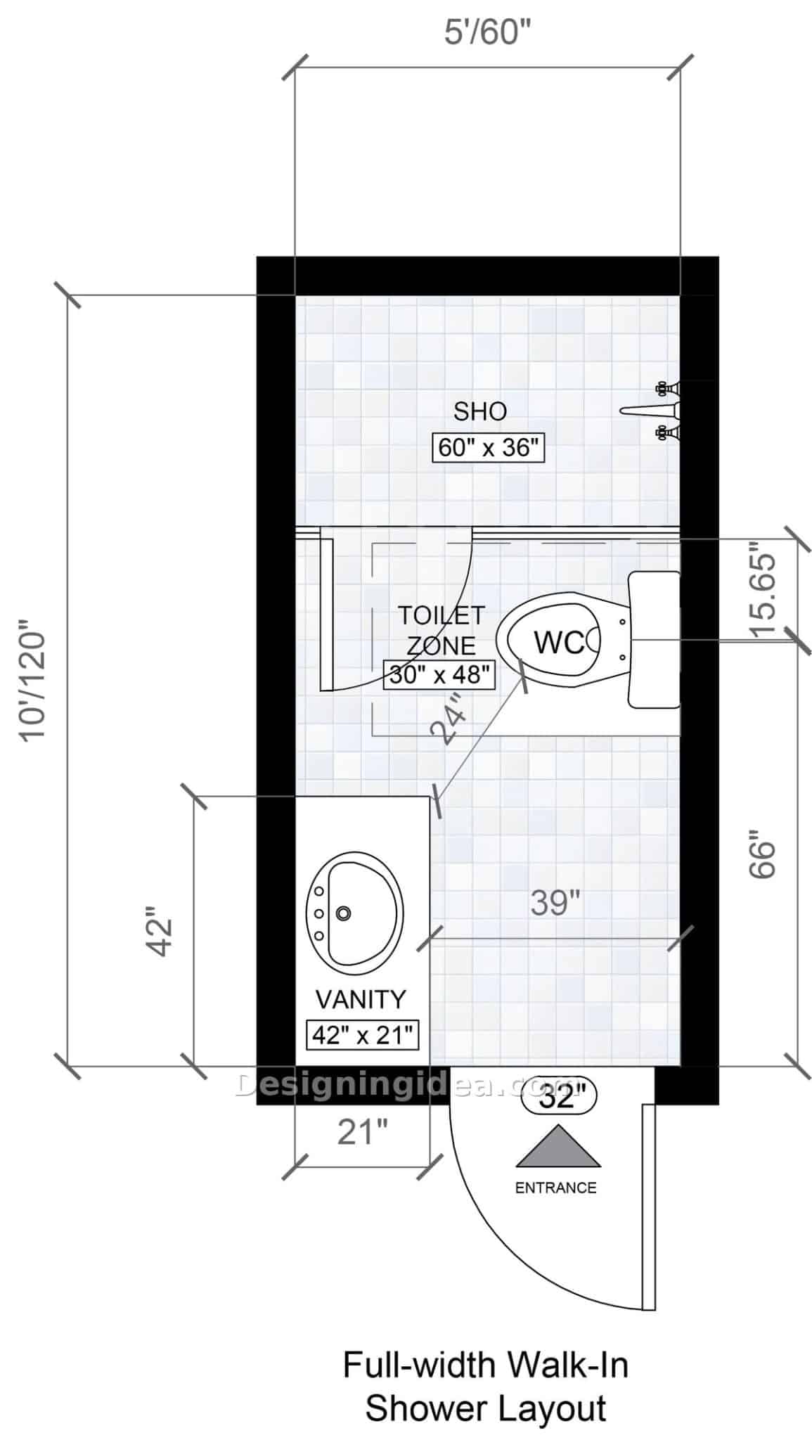 5x10 bathroom layout ideas with a full width 36 inch deep walk-in shower and single vanity by the entry