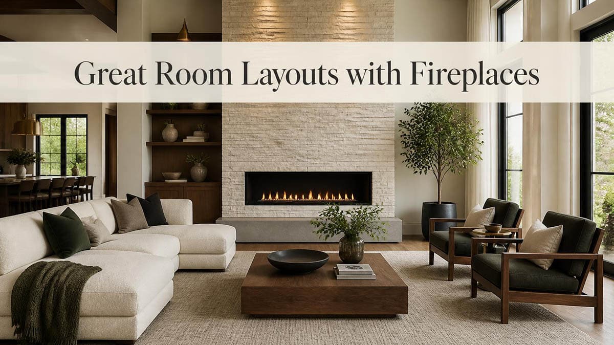 Modern great room with a linear stone fireplace and cream sectional seating