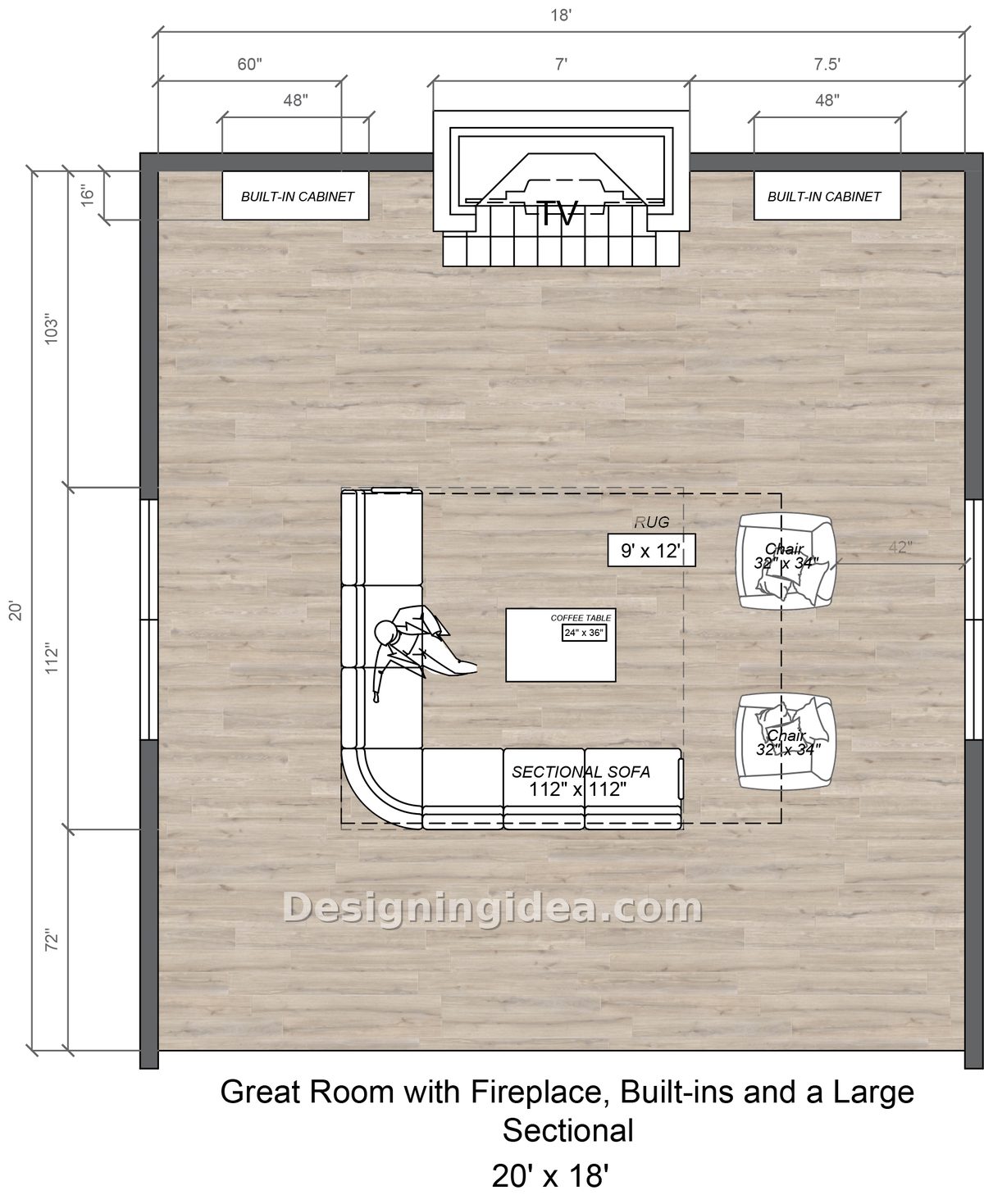 Family room layout with 7-foot fireplace, twin built-in cabinets and large sectional