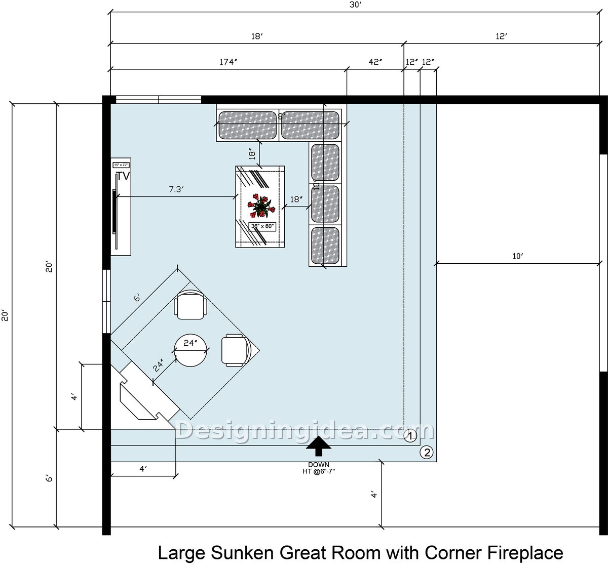 Thirty by twenty great room plan with corner fireplace and sunken seating zone