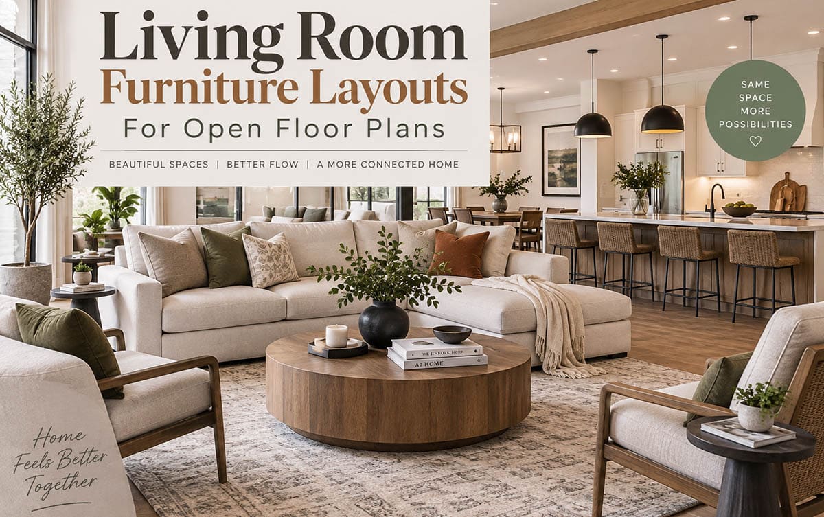 Cream sectional and round wood coffee table in an open living room beside a kitchen