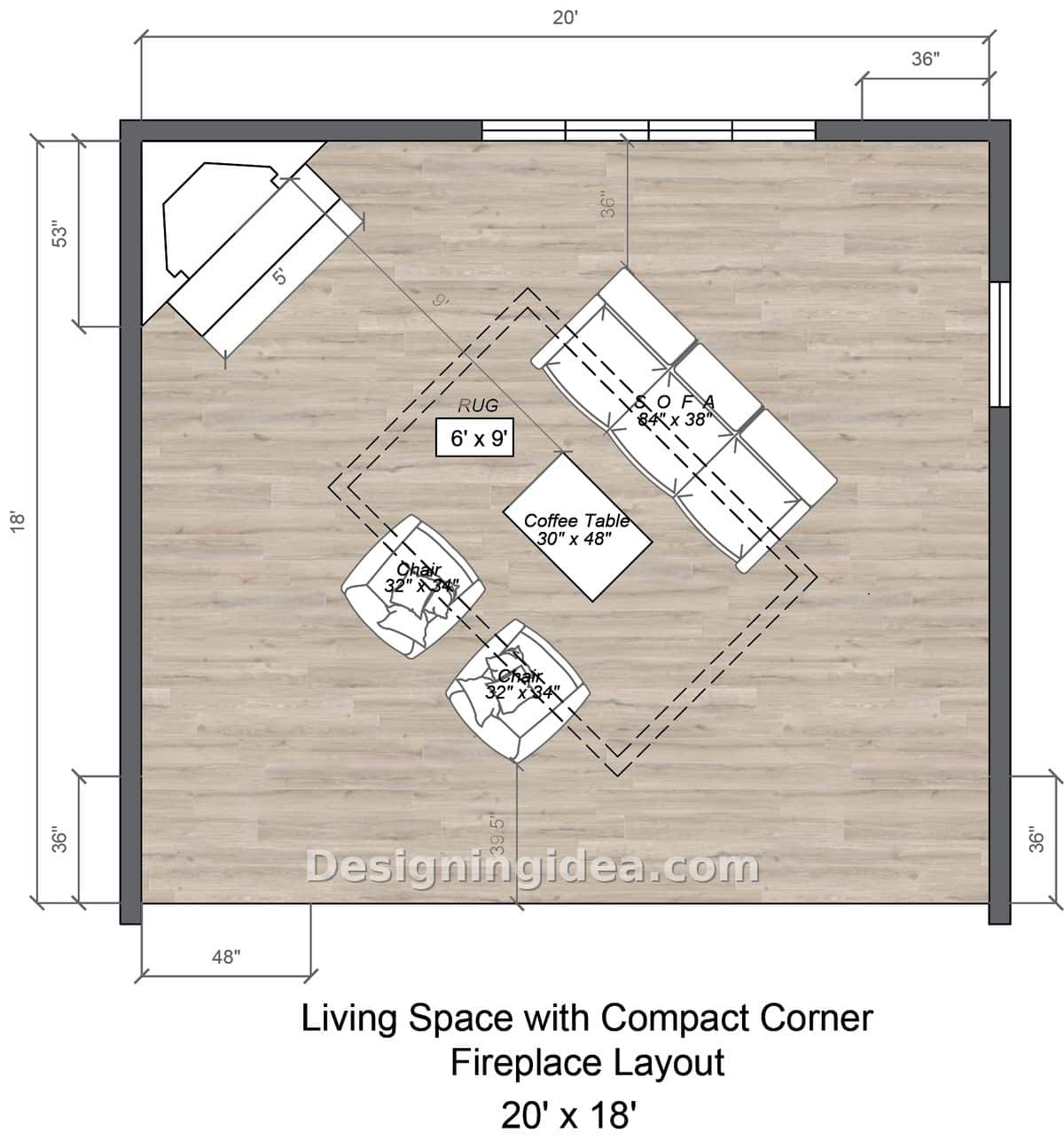 Diagonal seating arrangement facing a corner fireplace in a compact living room