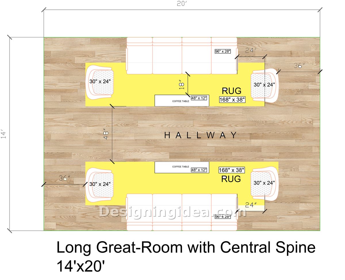 Two mirrored sofa groups divided by a wide central walkway in a long room