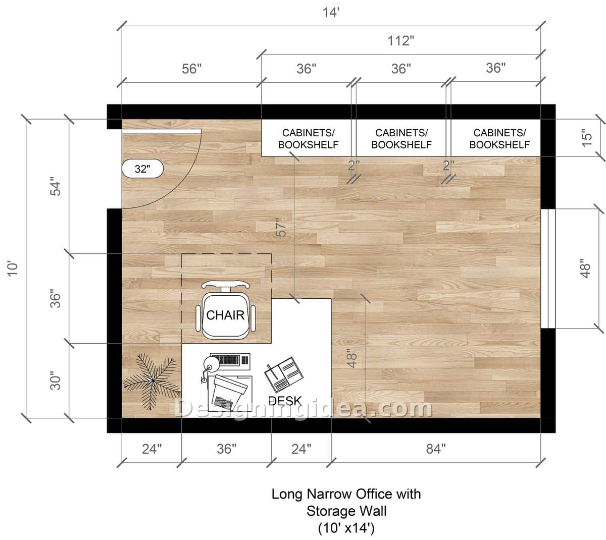 Narrow office plan with three cabinet units and corner L-shaped desk
