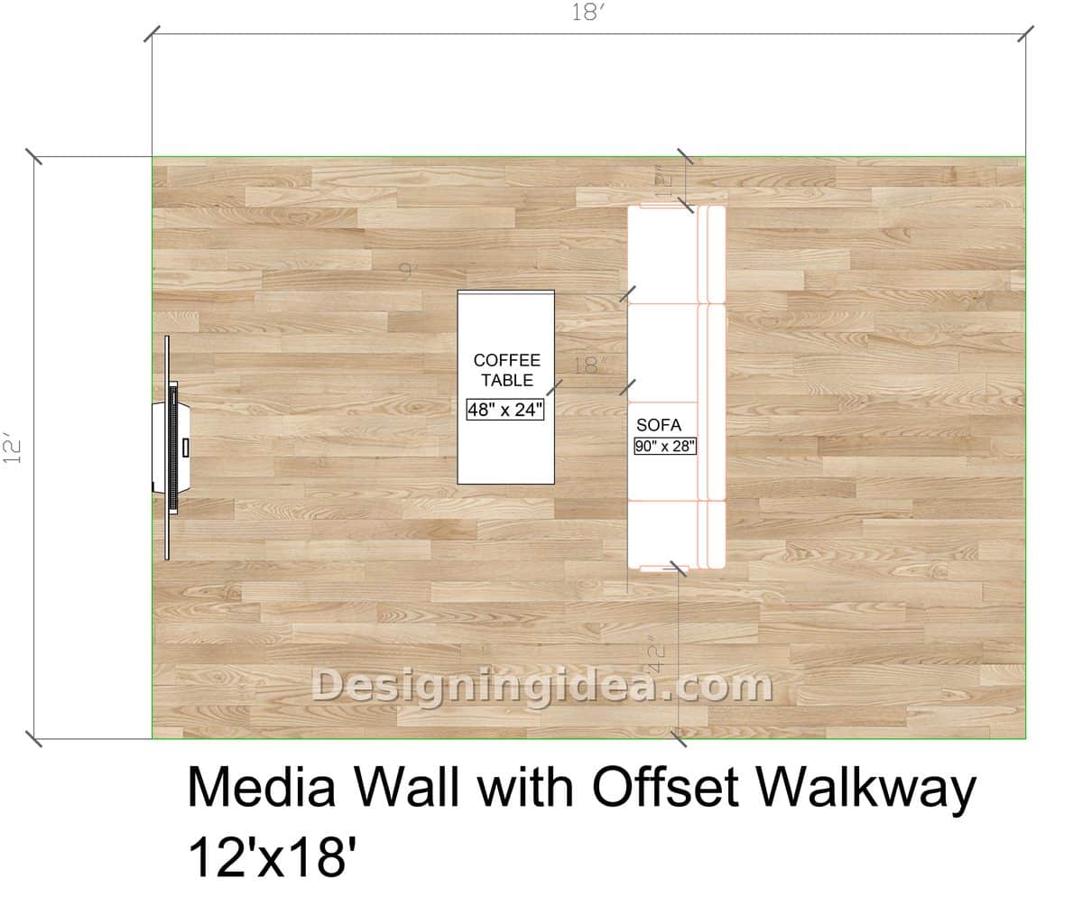 Media wall layout with the sofa offset to keep a rear walkway clear