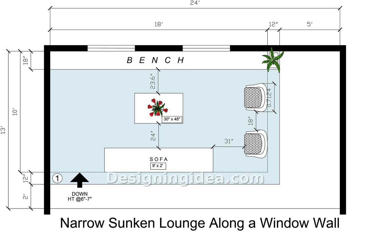 Long narrow sunken lounge with window bench, nine foot sofa and paired chairs