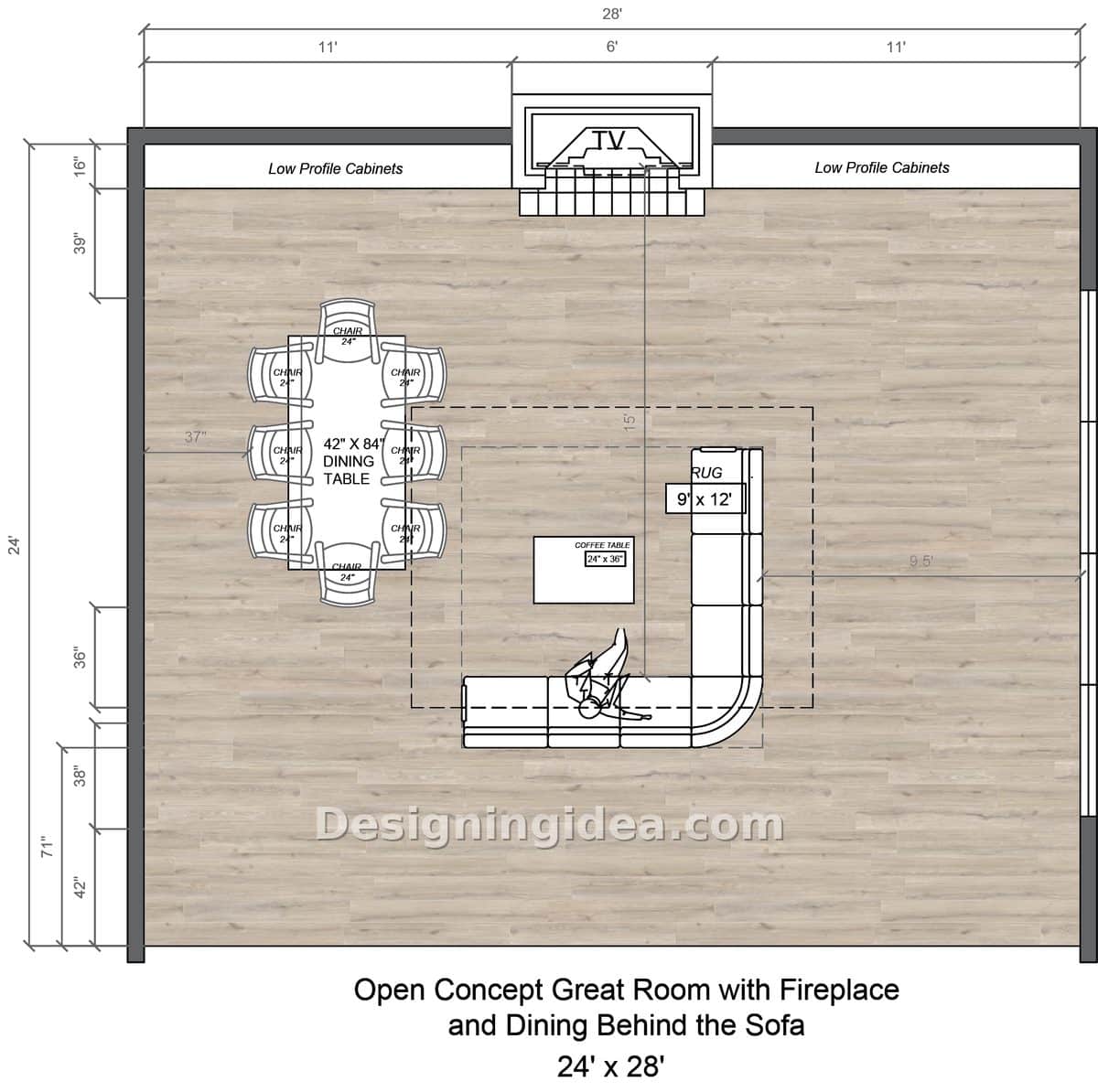 Open great room plan with L-shaped sectional, eight-seat dining table and fireplace wall