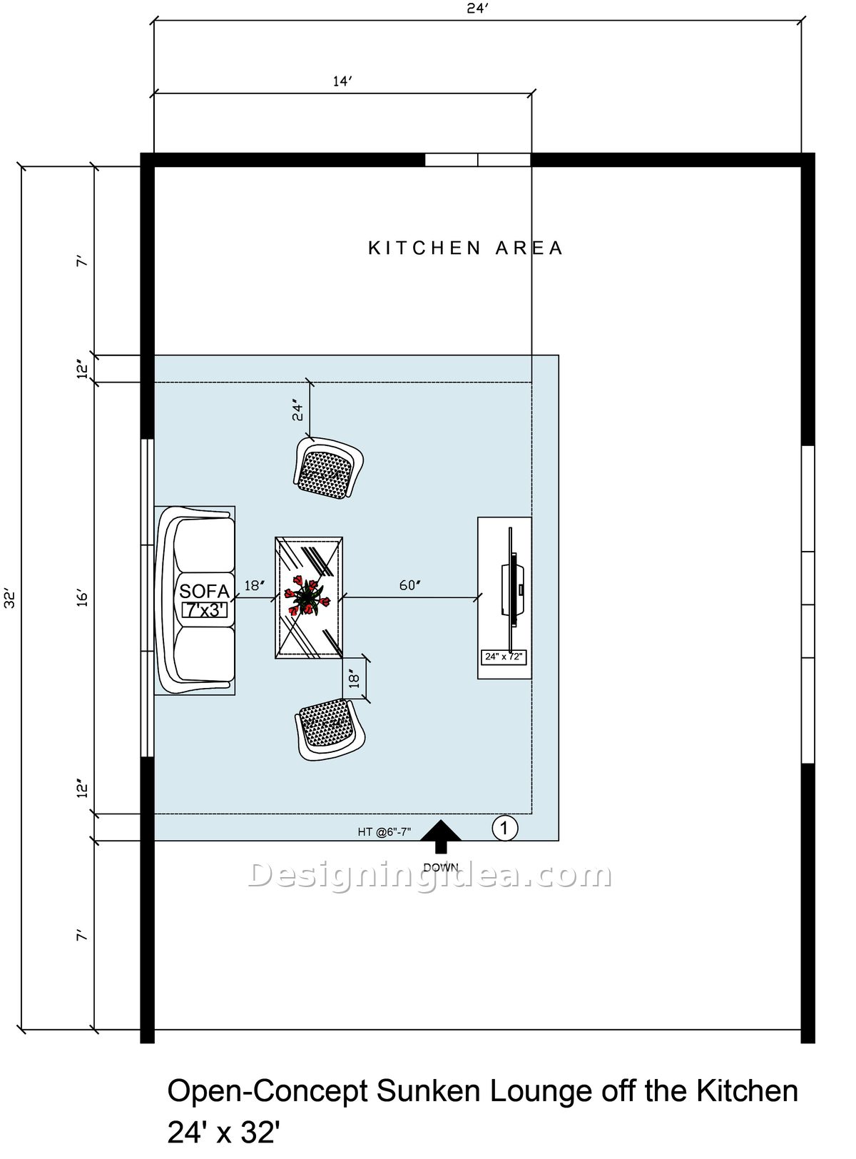 Kitchen area above a sunken lounge with sofa, two chairs and TV