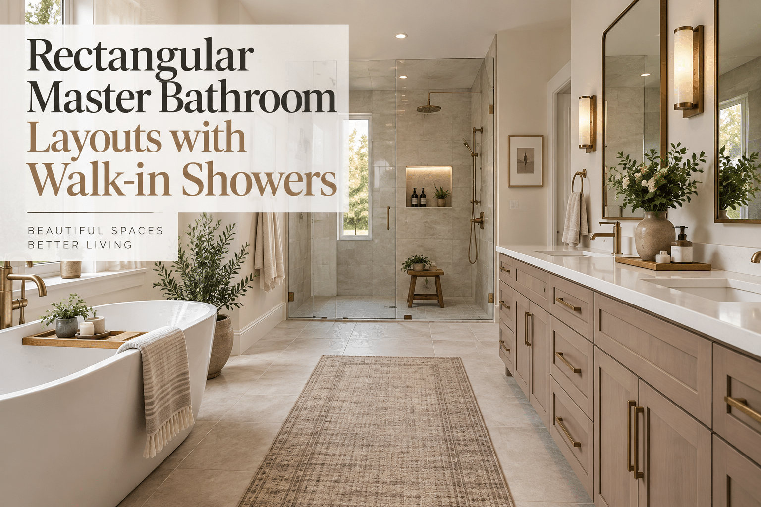Rectangular master bathroom layouts with walk-in showers