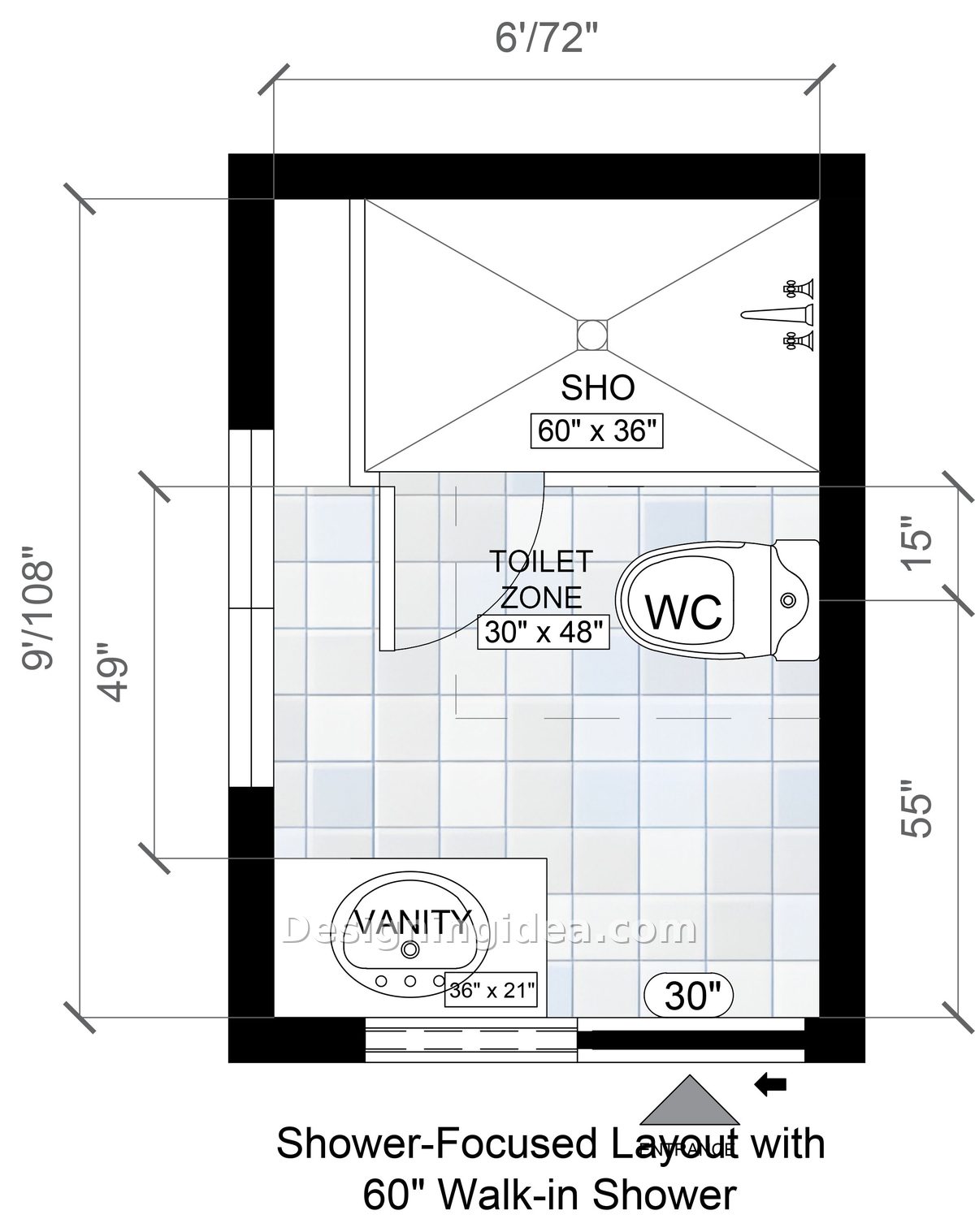 Shower-focused 6x9 bathroom layout with 60 inch walk-in shower and hinged glass door