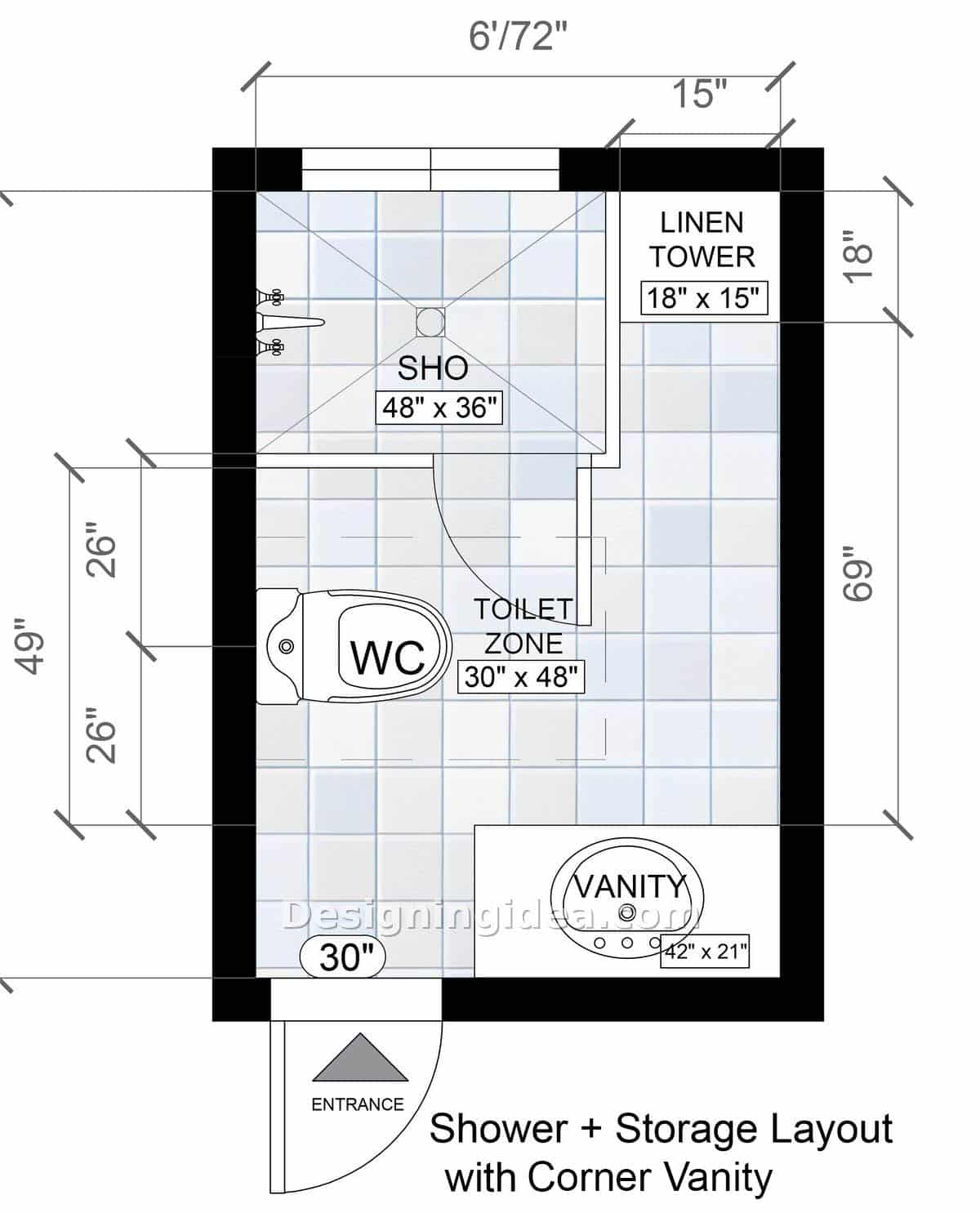 Bathroom with walk-in shower, linen closet and corner vanity