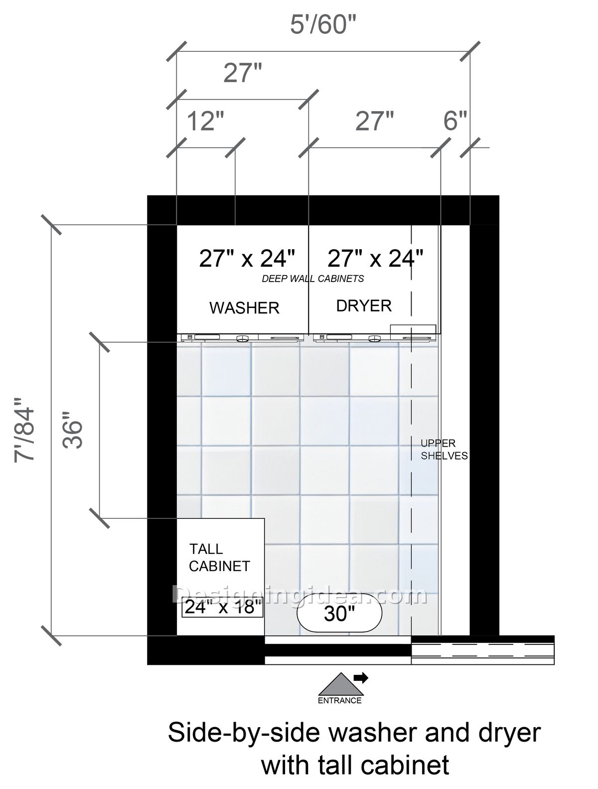 Tall storage cabinet at front corner beside door with upper shelves opposite