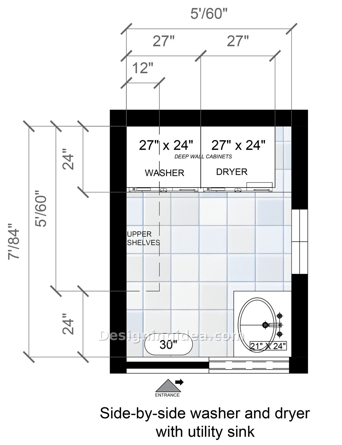 Utility sink in front right corner near entry with shelving on left wall
