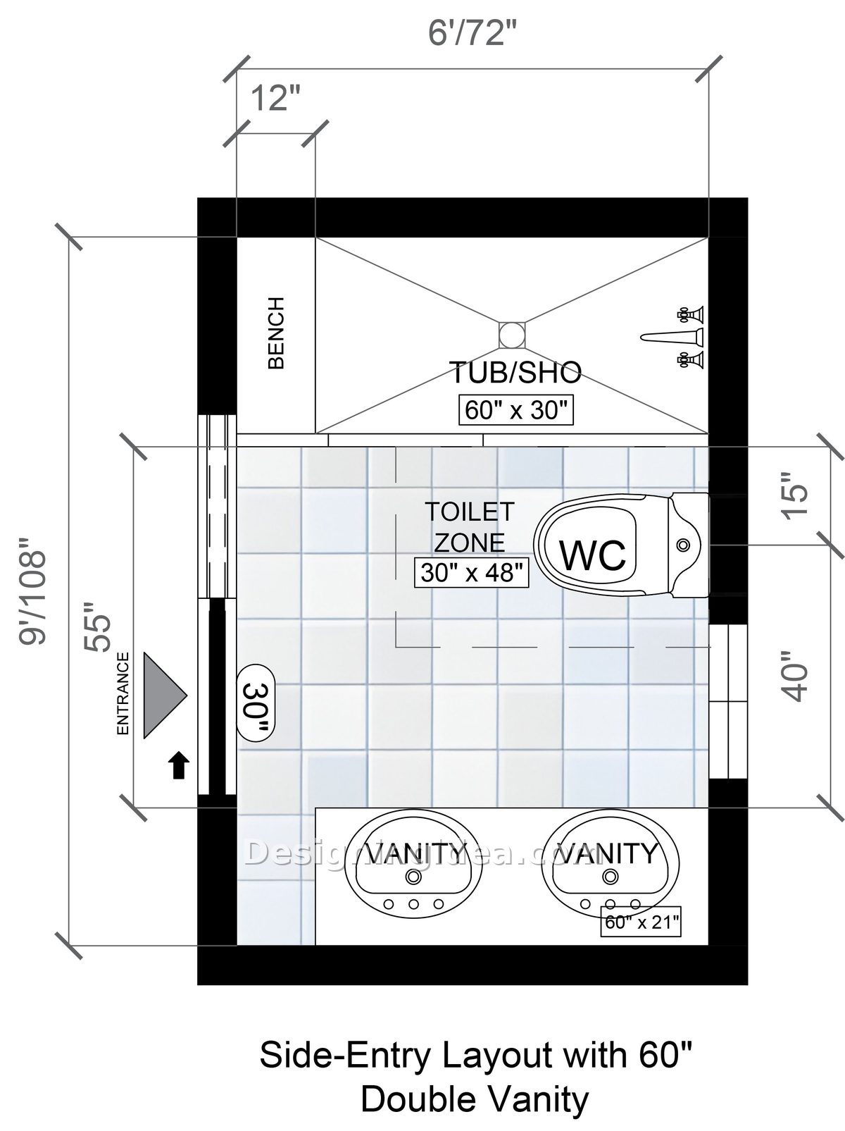 6x9 bathroom floor plan with 60 inch double vanity and side entry door swing