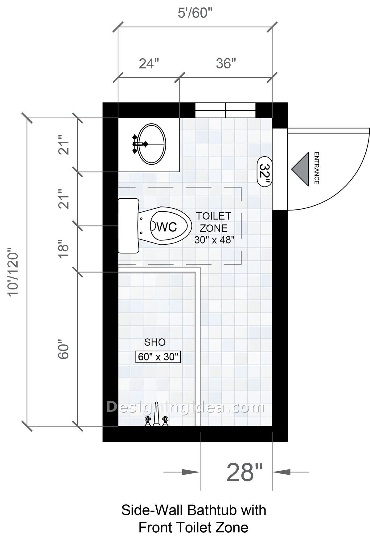 5x10 bathroom layout ideas with a side-wall bathtub and corner vanity under the window