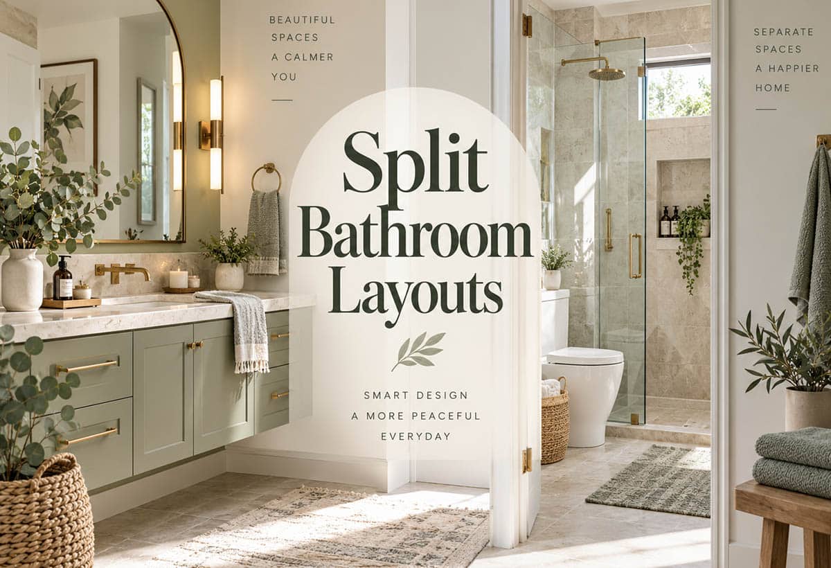 Split bathroom with sage green vanity brass fixtures and glass walled shower zone