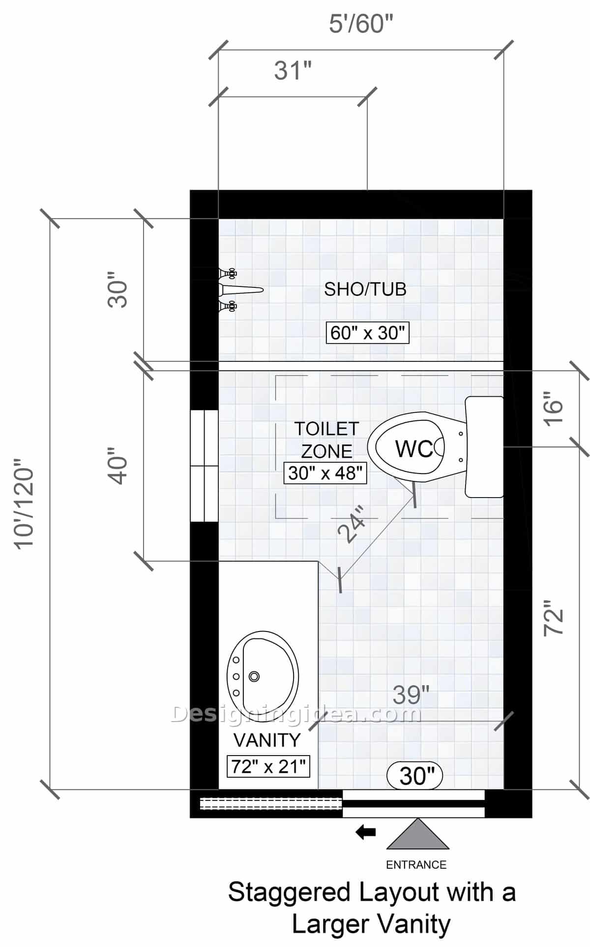 5x10 bathroom layout ideas with a staggered 72 inch vanity and rear tub and shower
