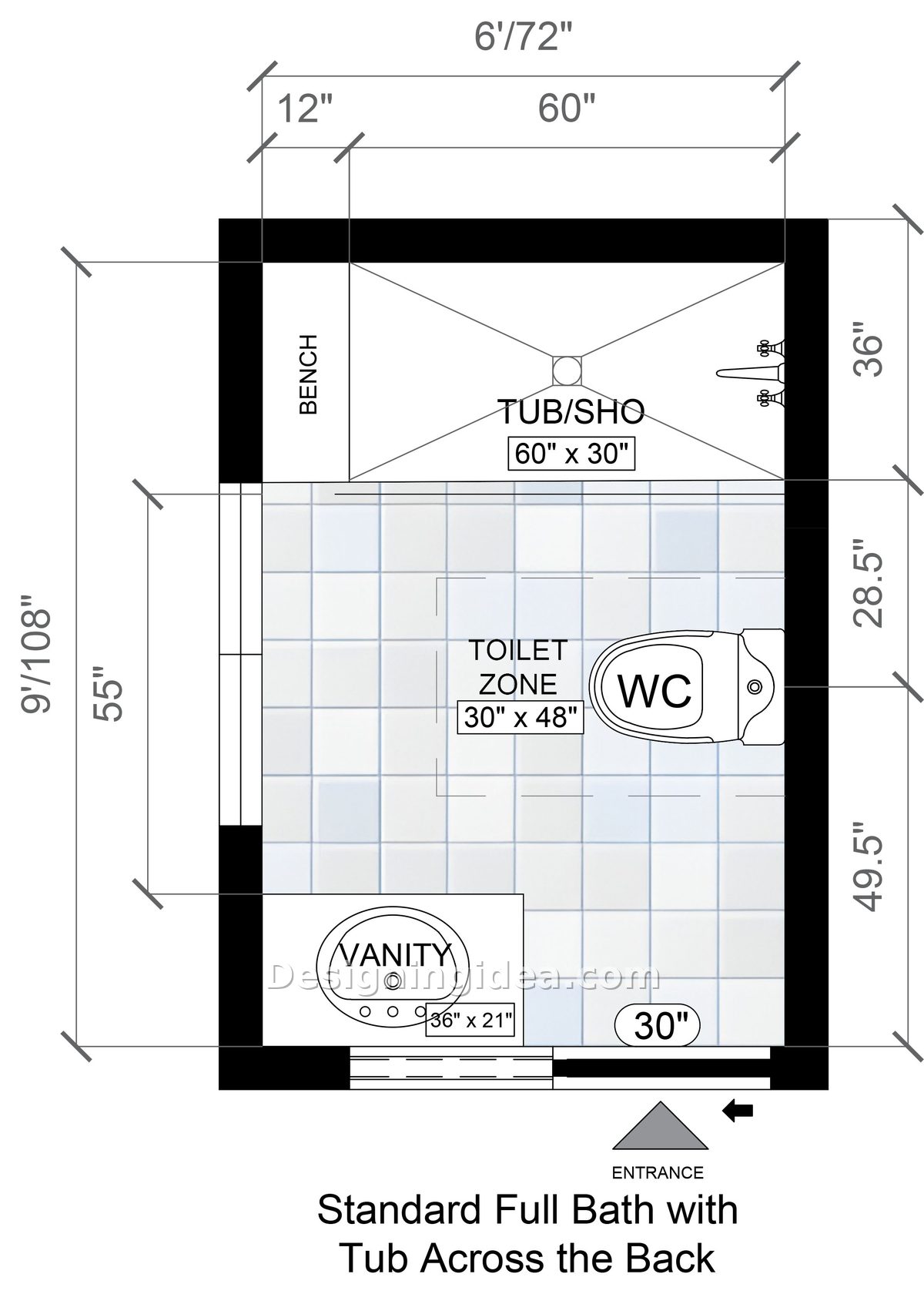 6x9 bathroom layout with tub and shower spanning the back wall, toilet and vanity below