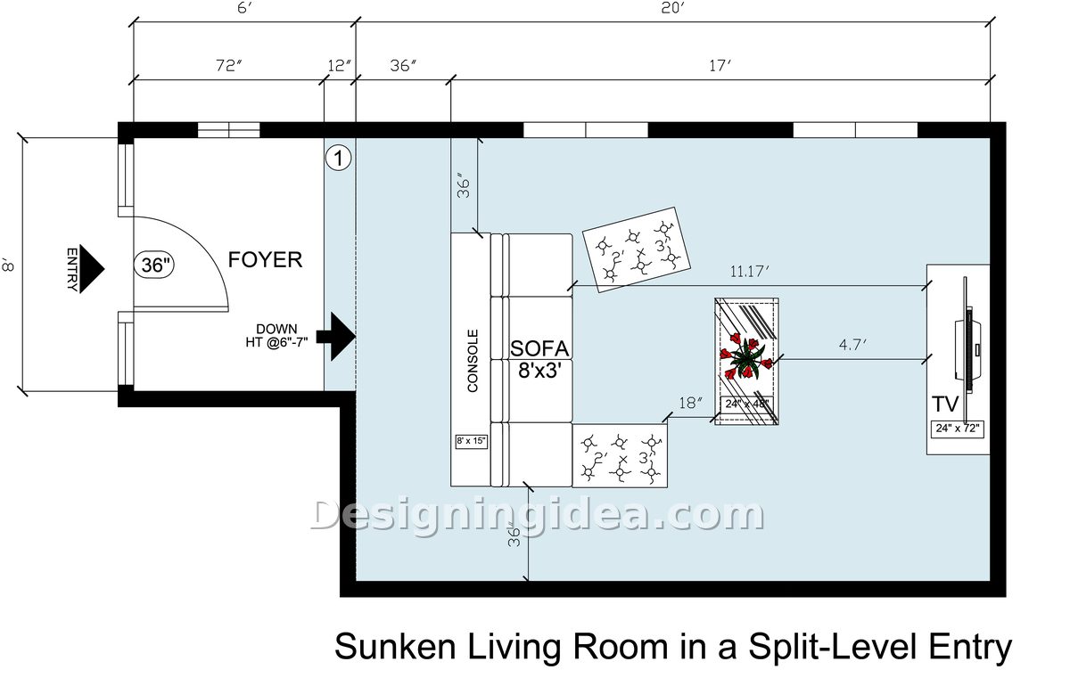 Split level entry floor plan with foyer stepping down to sunken living room