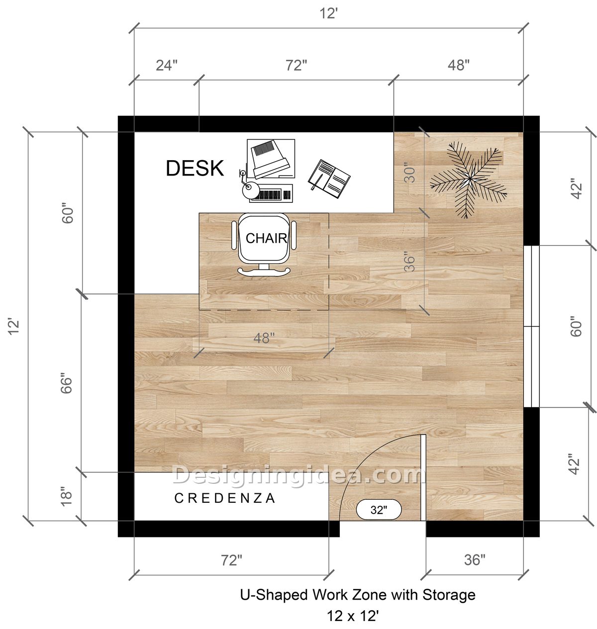 Twelve foot square room with U-shaped desk, credenza and side window