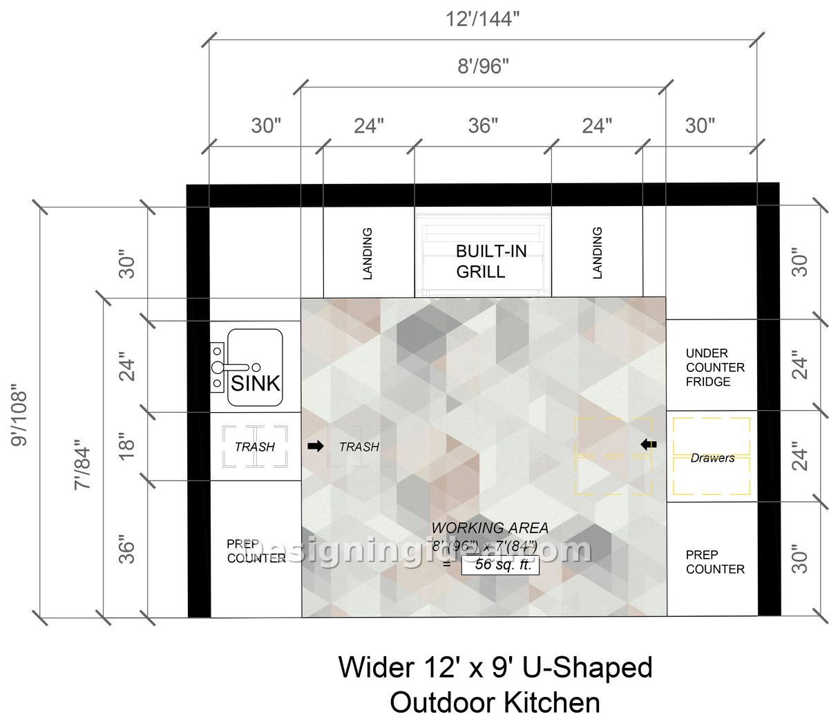Wider 12 by 9 foot outdoor kitchen plan with 24 inch landing zones
