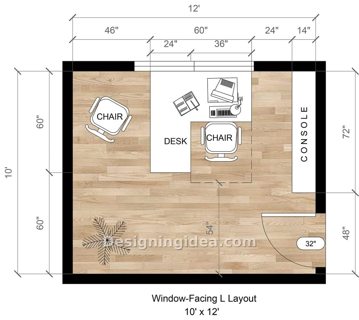 Office layout with desk under window, guest chair and long wall console