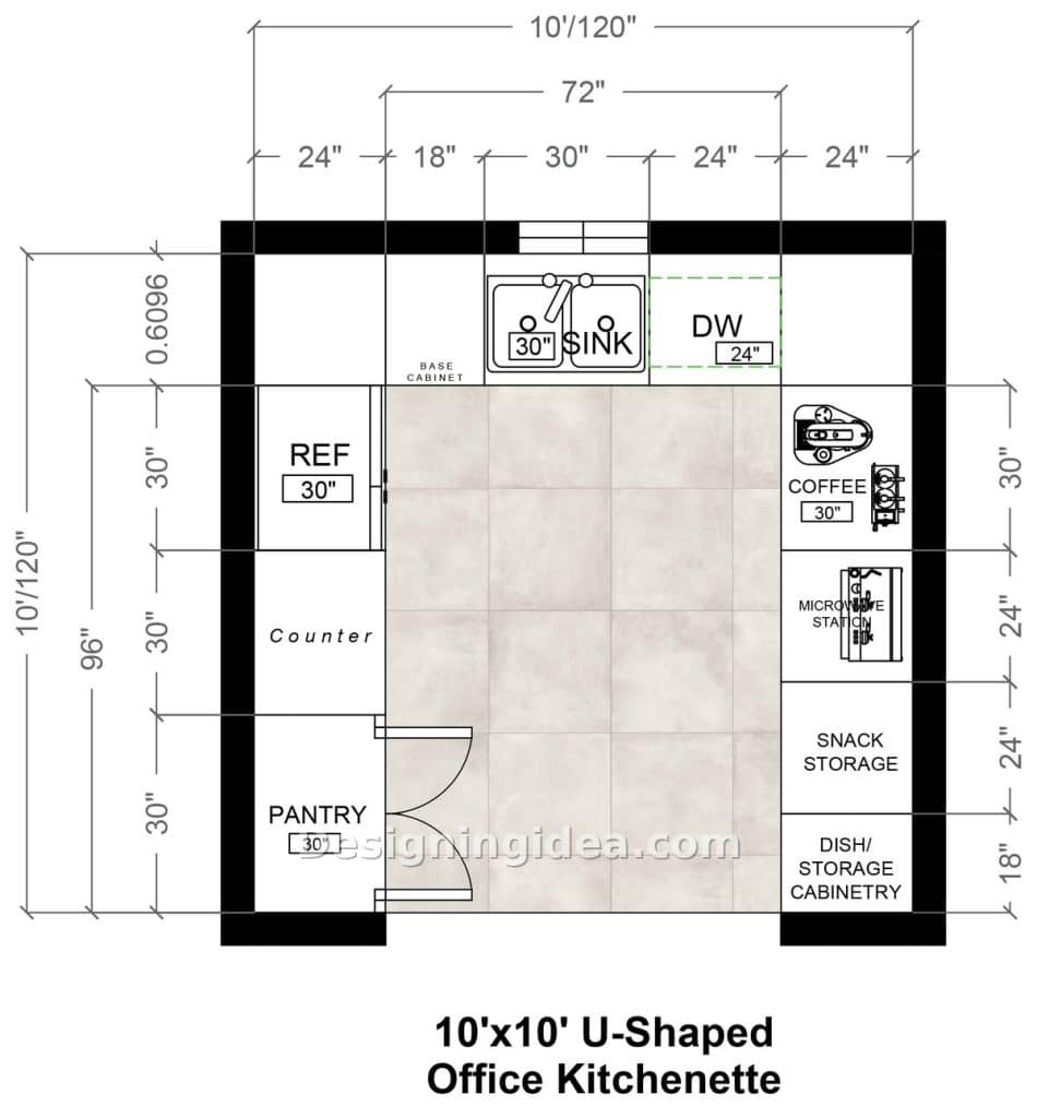 U-shaped break room floor plan with pantry, fridge, sink, coffee and storage cabinets
