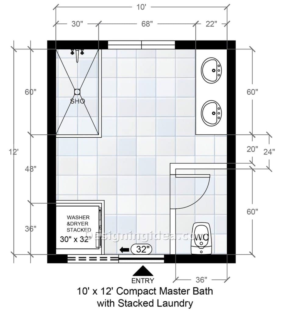 Compact ten by twelve bath with stacked washer dryer beside the entry door