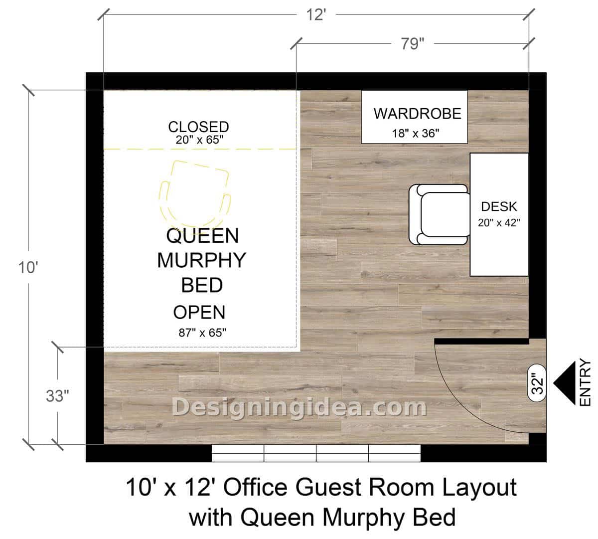 Fold-down wall bed drawn open and closed next to a wardrobe cabinet