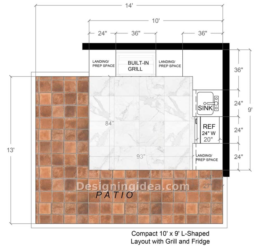 Ten by nine outdoor kitchen floor plan with grill, sink and undercounter fridge