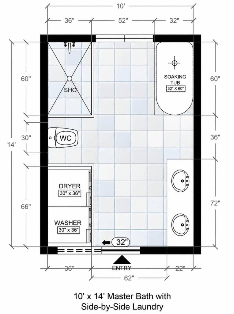 Ten by fourteen bathroom with soaking tub, shower and side by side laundry