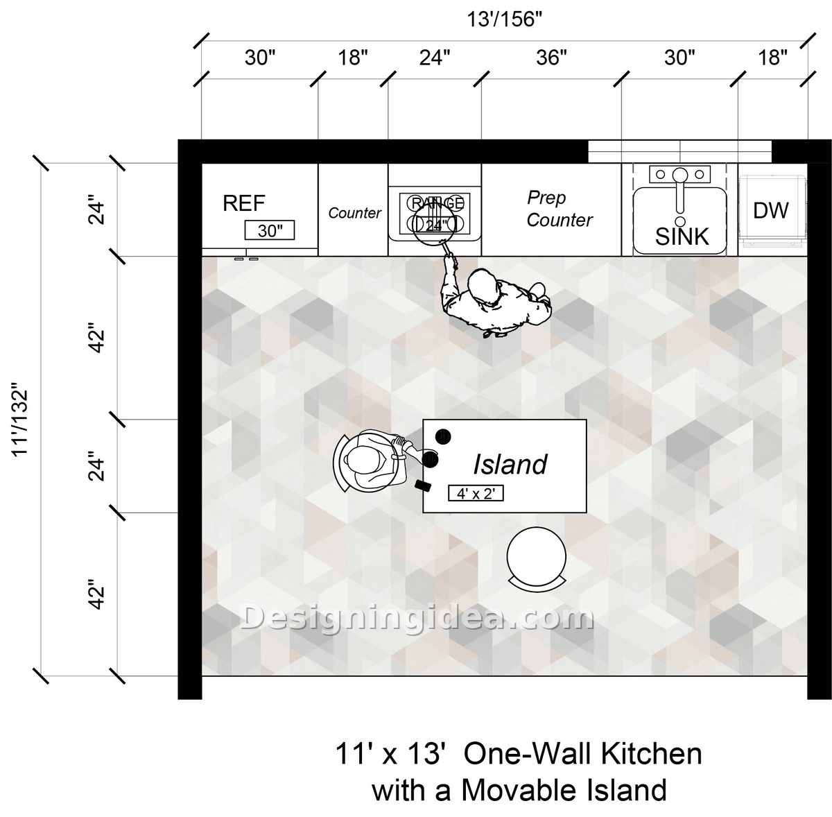 Single run of appliances along one wall facing a small rolling island