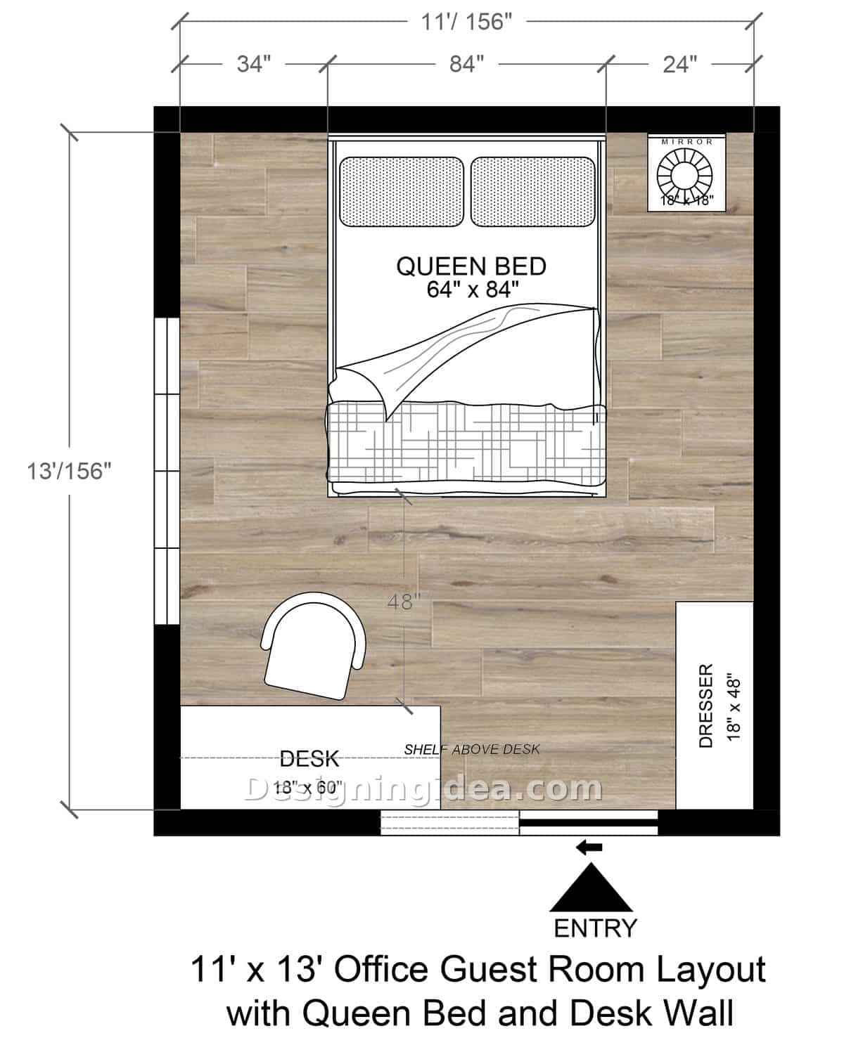 Queen bed facing a long desk with shelf, dresser beside a sliding door