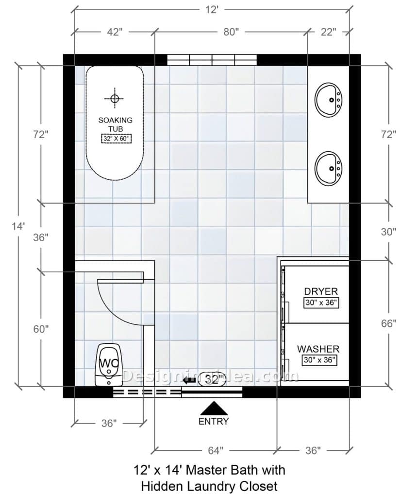 Twelve by fourteen master bathroom floor plan with laundry closet in the corner