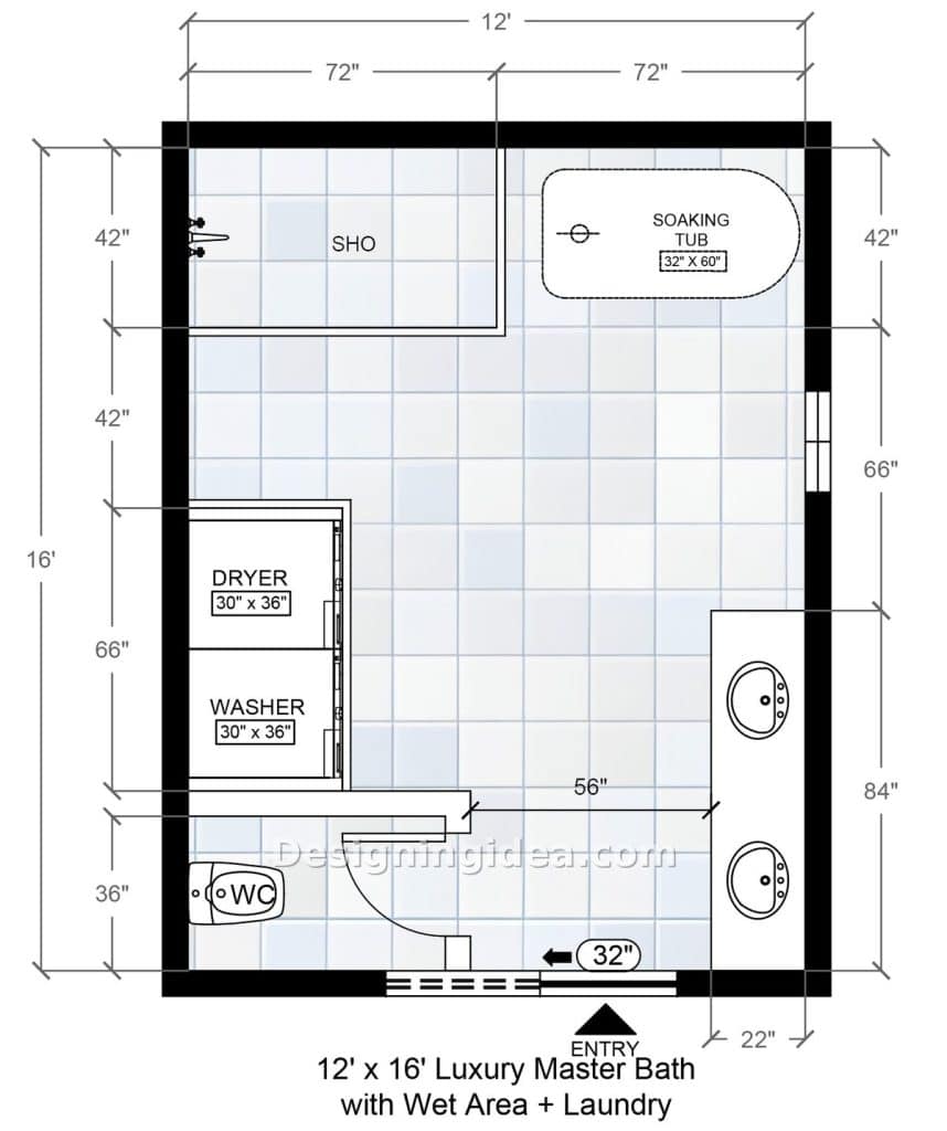 Large twelve by sixteen bath with open wet area, soaking tub and laundry