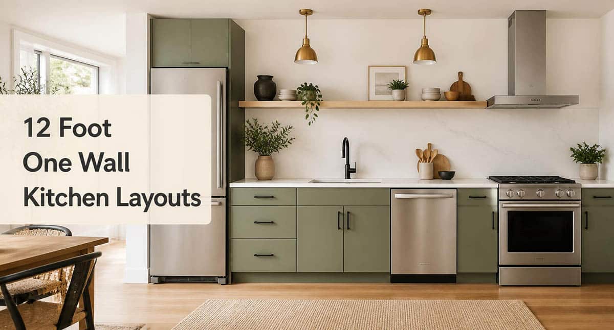 Single line kitchen along one wall with fridge on the end