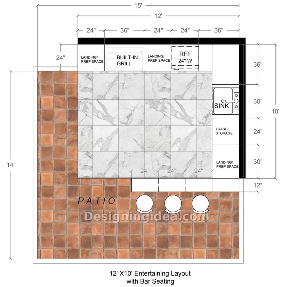 Twelve by ten outdoor kitchen plan with three bar stools, grill, fridge and sink