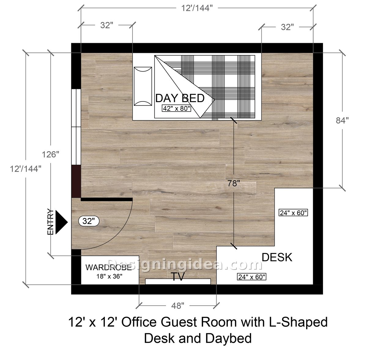 Corner L desk across from a centered daybed, with wardrobe and TV wall