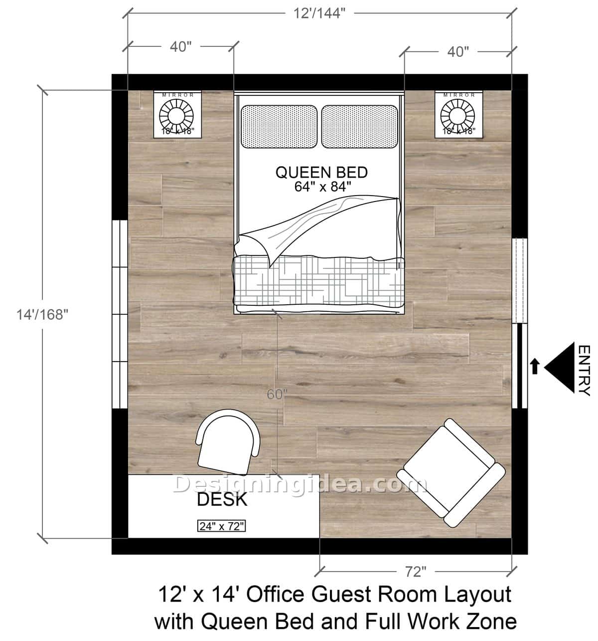 Larger guest office with queen bed, twin nightstands, long desk, and accent chair