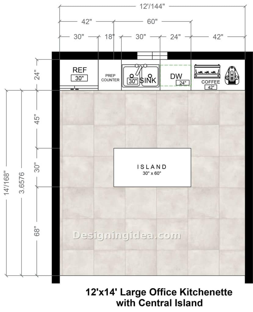 Large office kitchenette plan with full appliance wall and freestanding central island