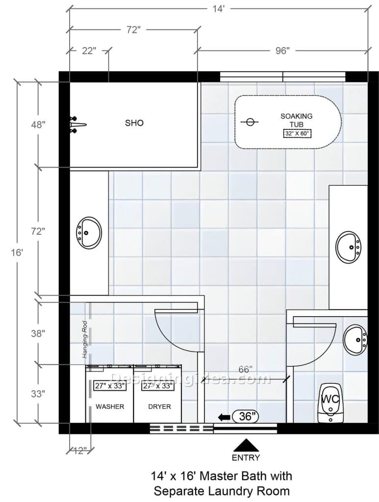 Fourteen by sixteen suite with walled laundry room, two vanities and shower
