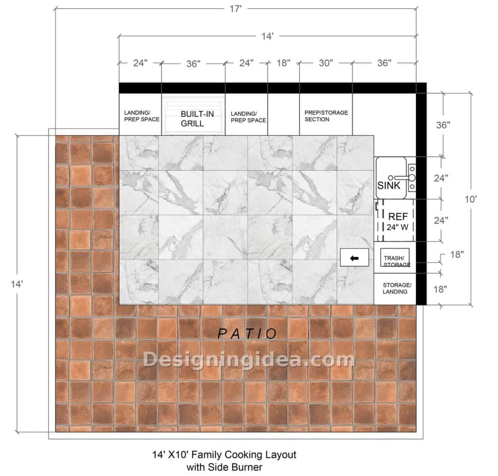 Fourteen by ten outdoor kitchen floor plan with grill, side burner, sink and fridge