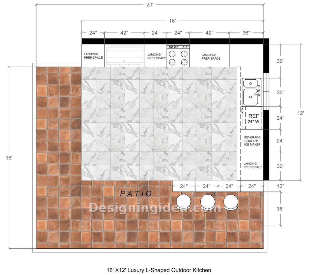 Sixteen by twelve outdoor kitchen plan with grill, cooktop, double sink and four bar seats