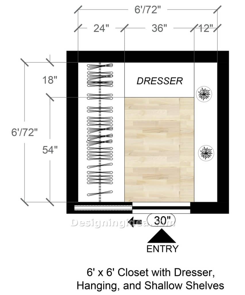 Square six foot closet showing hanging bay, back dresser and narrow side shelving