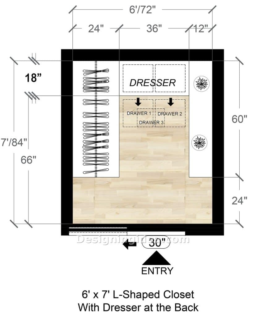L shaped closet plan with long hanging rod, three drawer dresser and wall shelves