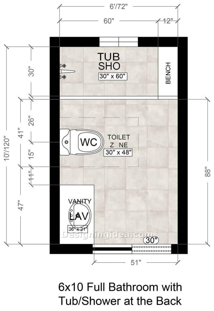 Floor plan with 60 by 30 inch tub across back wall and corner bench