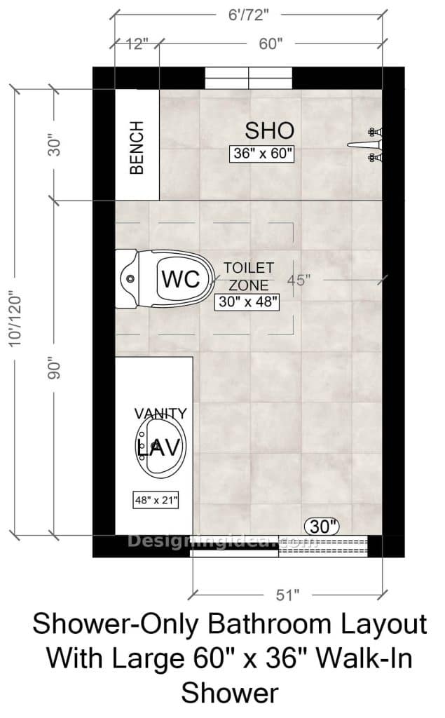 Top-down drawing of tiled 60 by 36 inch walk-in shower with bench