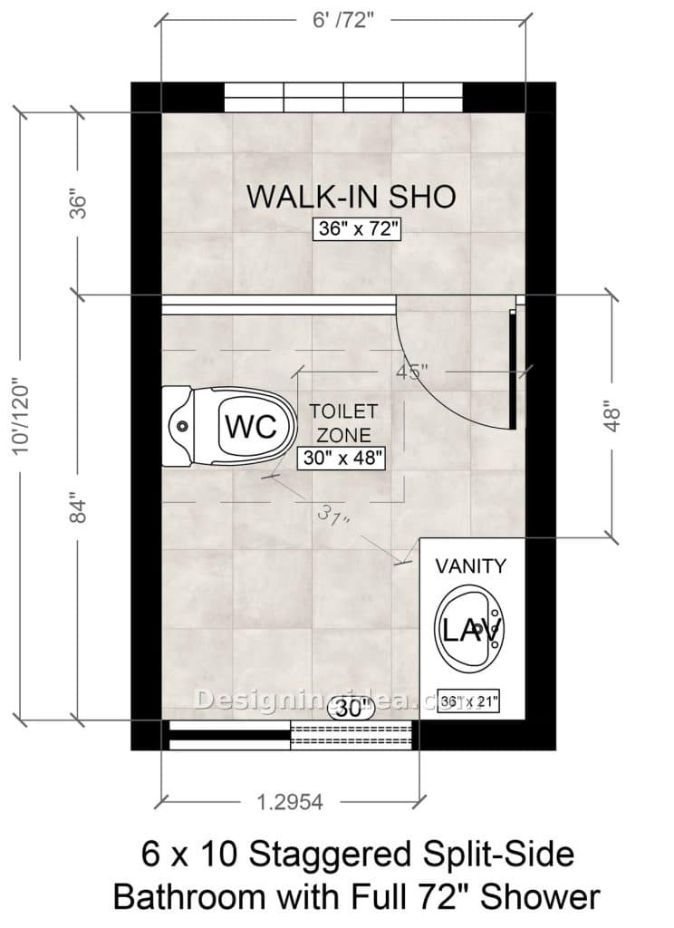 Scaled drawing of 36 by 72 inch walk-in shower spanning the back wall