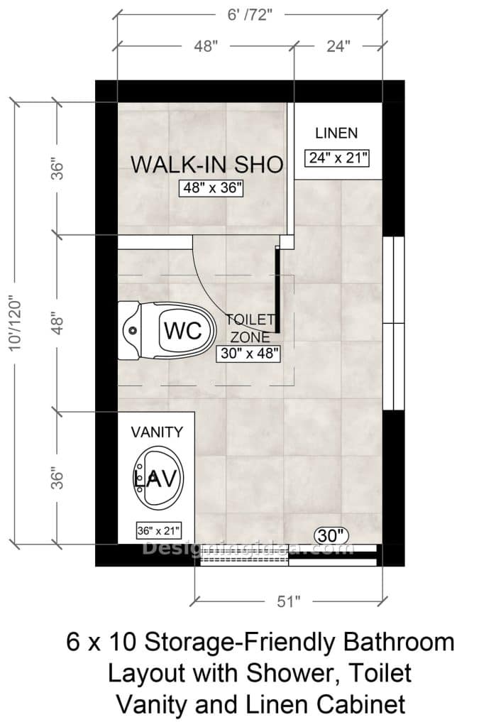 Overhead layout showing 48 by 36 inch shower beside a linen cabinet