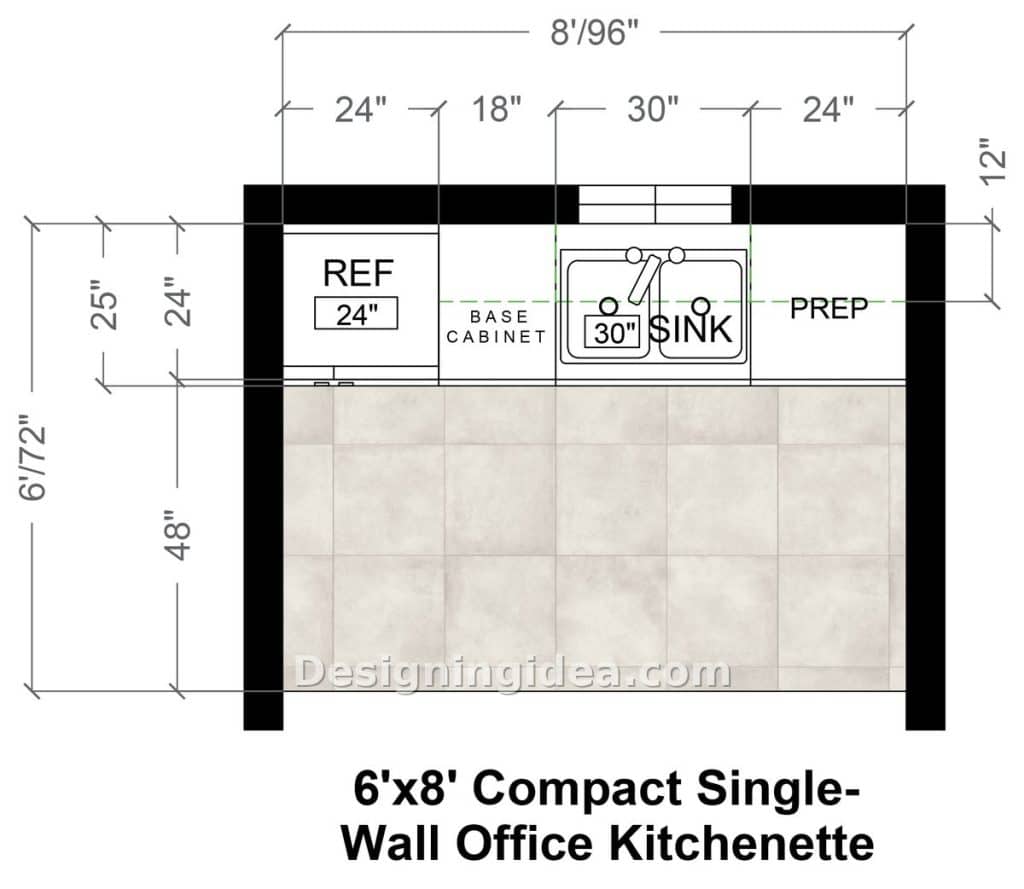 Single wall plan with fridge, base cabinet, sink and prep counter along one side